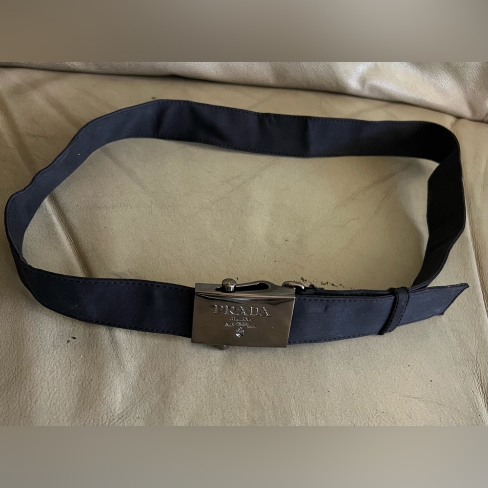Authentic Prada Silver Tone Mission black nylon women jacket waist belt 34” long
